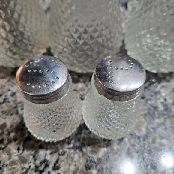 Vintage 5 pcs diamond point pressed glass table service set. Salt, pepper, syrup - Picture 6 of 12